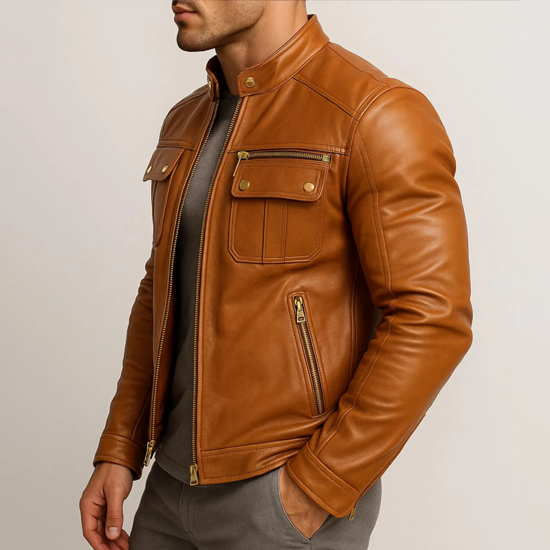 Men's Faux Leather Stand Collar Zipper Biker Jacket MTA1282I4Z