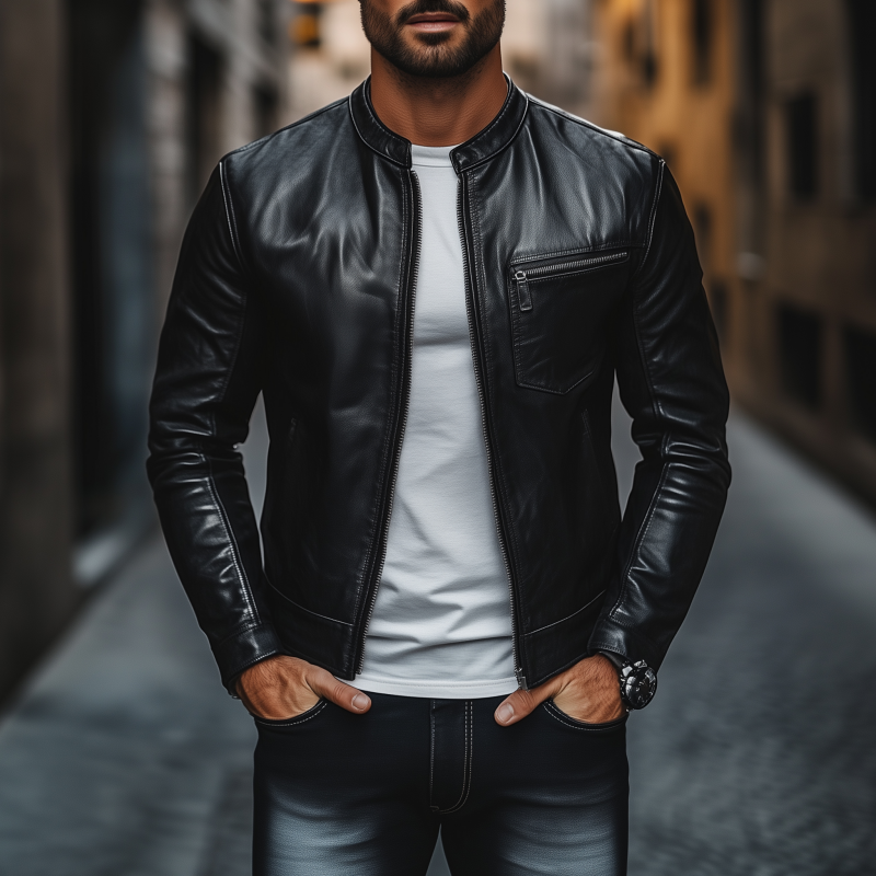 Men's Vintage Solid Color Faux Leather Stand Collar Zipper Chest Pocket Slim Fit Motorcycle Jacket MTA3044G9M