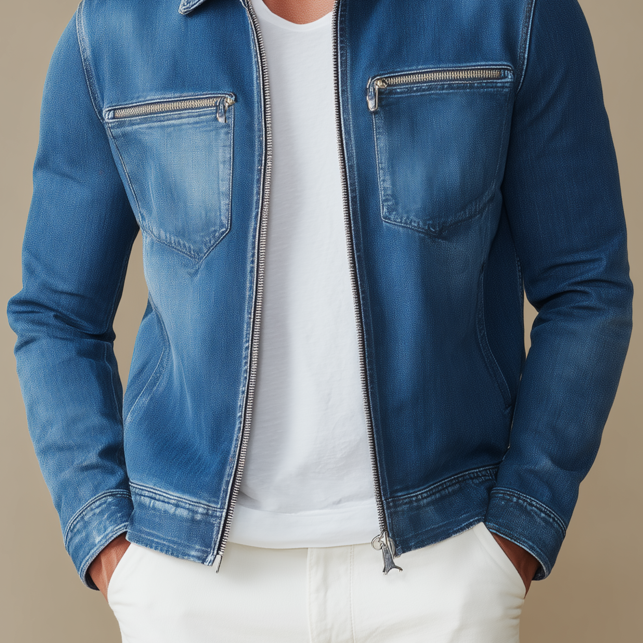 Men's Classic Casual Corduroy Collar Zipper Washed Denim Slim Fit Jacket MTA0772H5K