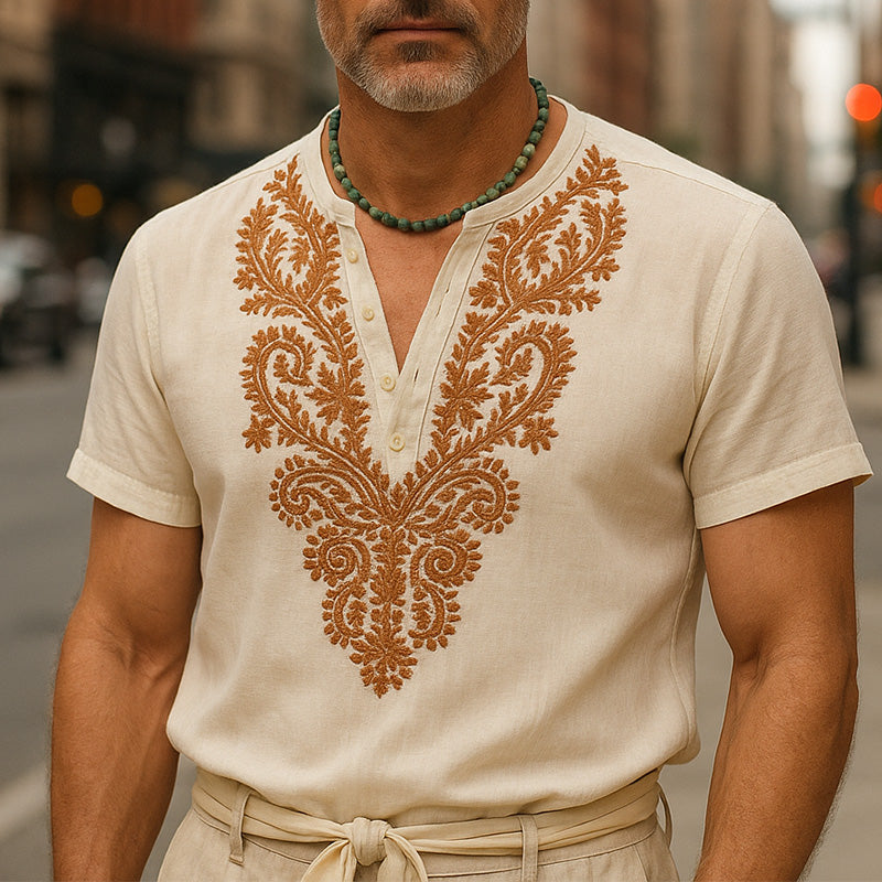 Men's Summer Western Cowboy Style Embroidered Thin Linen Short-Sleeved T-Shirt MTA2392E1P