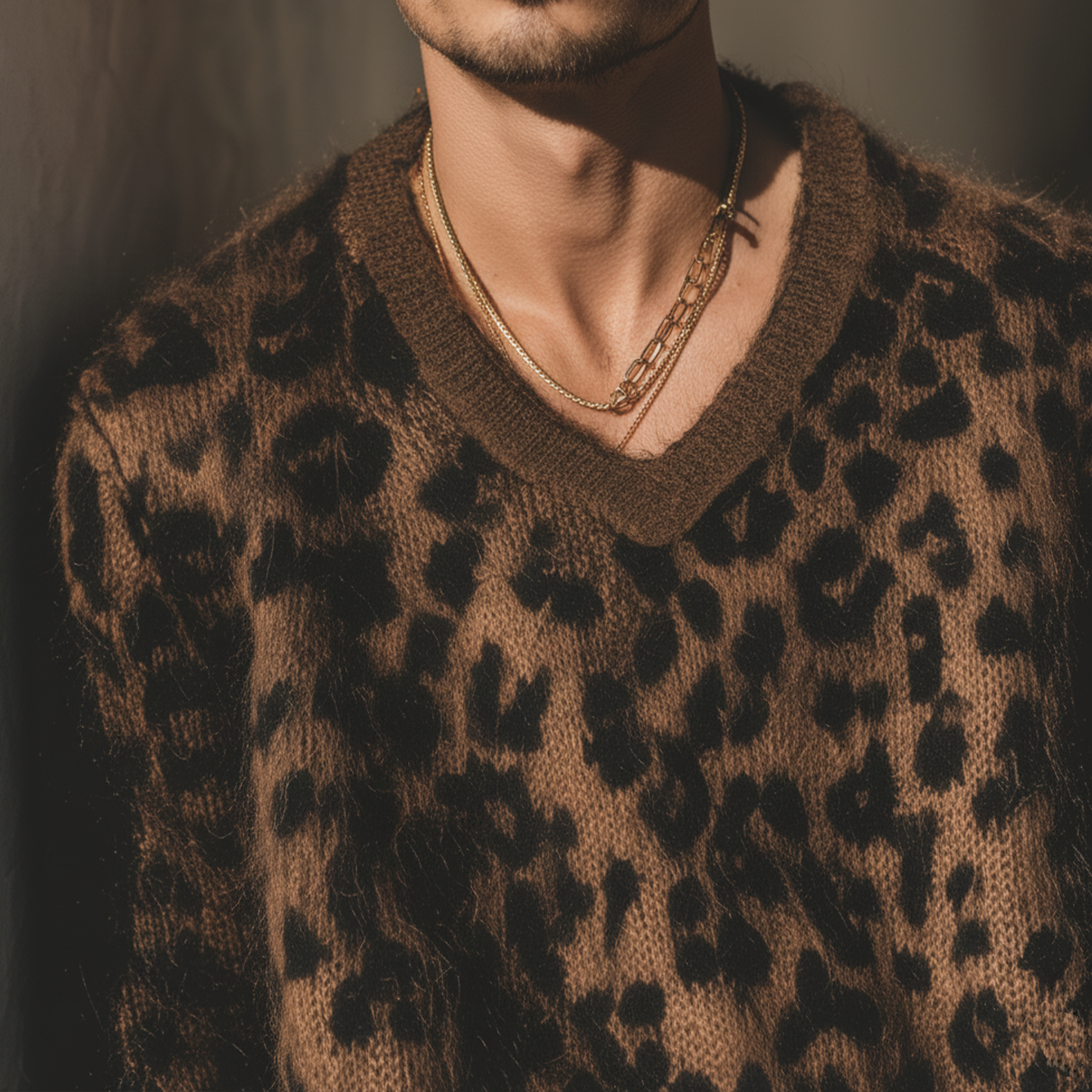 Men's Classic Casual V-neck Leopard Print Loose Sweater MTA1641J1K