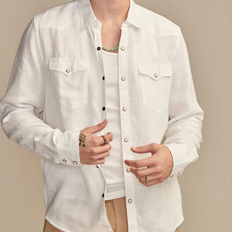 Men'S Summer Cotton Comfort Snap Button Long Sleeve Shirt MTA1290E0U