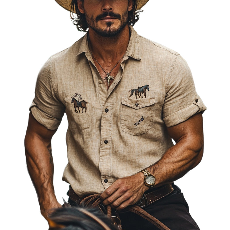 Men's Western Boys Embroidered Short Sleeve Lapel Shirt MTA2987D0X