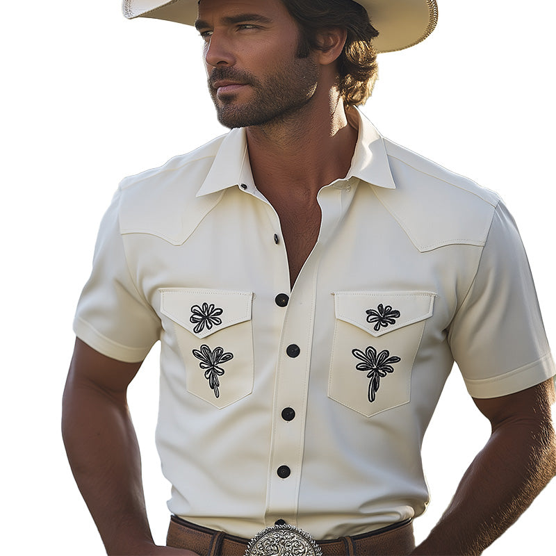Men's Summer Western Cowboy Style Embroidered Cotton And Linen Short-Sleeved Shirt MTA2102E7P