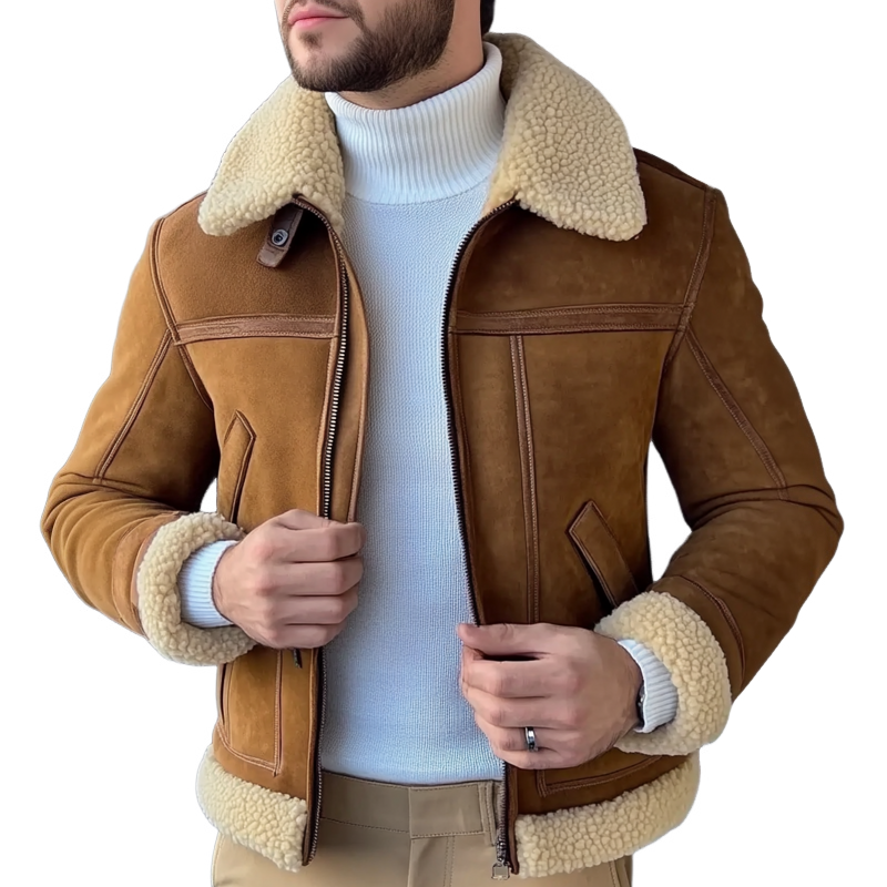 Men's Retro Faux Suede Patchwork Fleece Collar Zipper Jacket MTA0717K4X
