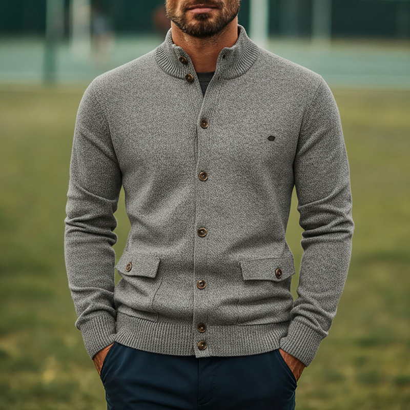 Men's Solid Color Stand Collar Single-breasted Knit Cardigan MTA2864J5X