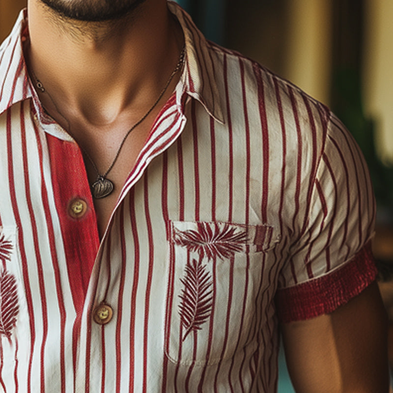 Men's Summer Red Striped Leaves Embroidered Short Sleeve Shirt MTA1014E3U