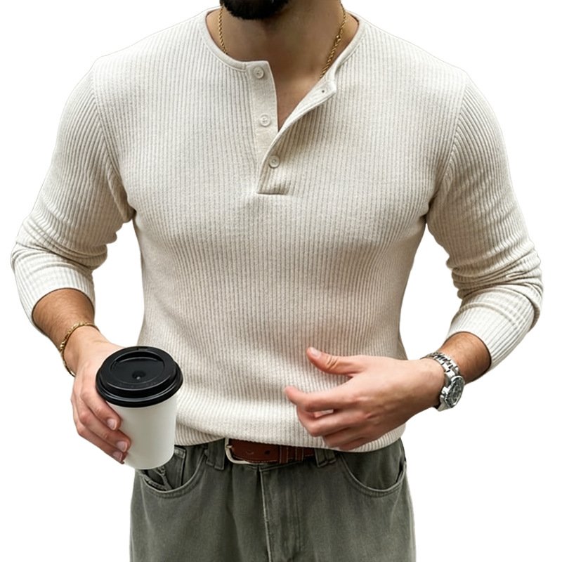 Men's Classic Three-Button Polo Collar Snowflake Stripe High-Stretch Slim-Fit Knitted Long-Sleeve T-Shirt MTZ1586A7U