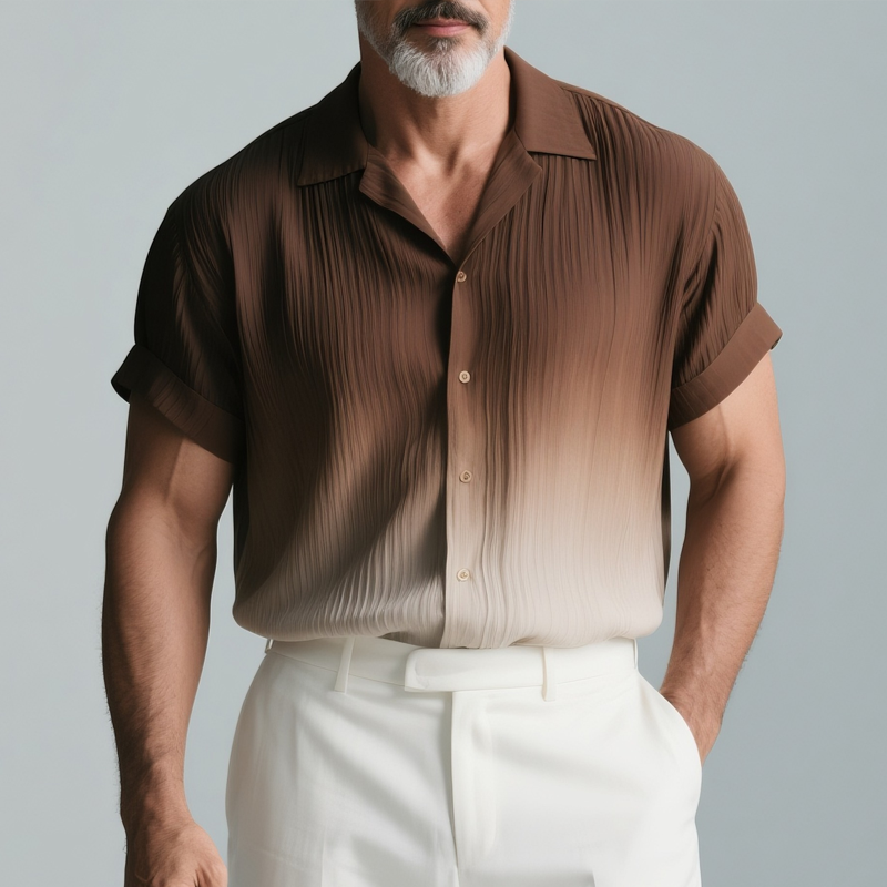 Men's Gradient Textured Striped Chiffon Lapel Short Sleeve Shirt MTA2862G7Z