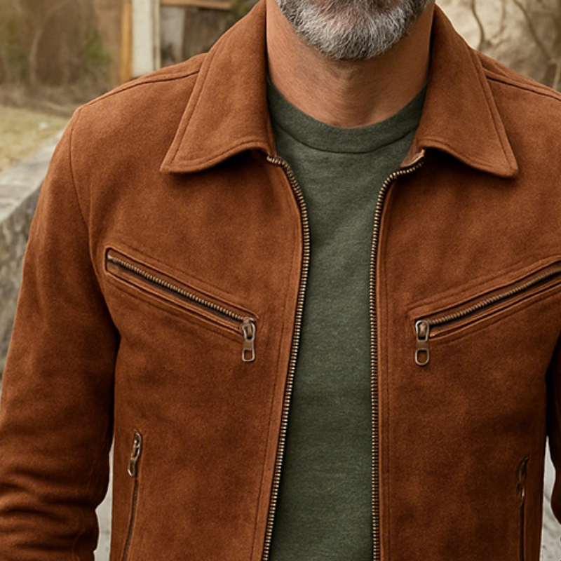 Men's Casual Retro Style Solid Color Suede Zipper Lapel Jacket MTA0644H3TO