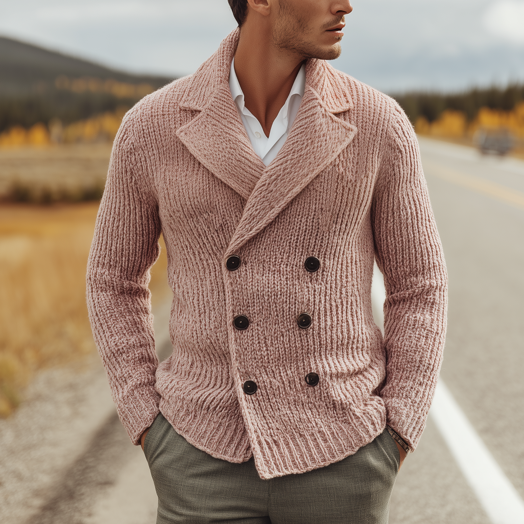 Men's Classic Casual Lapel Double-breasted Slim-fit Pink Knitted Cardigan MTA0855I4K