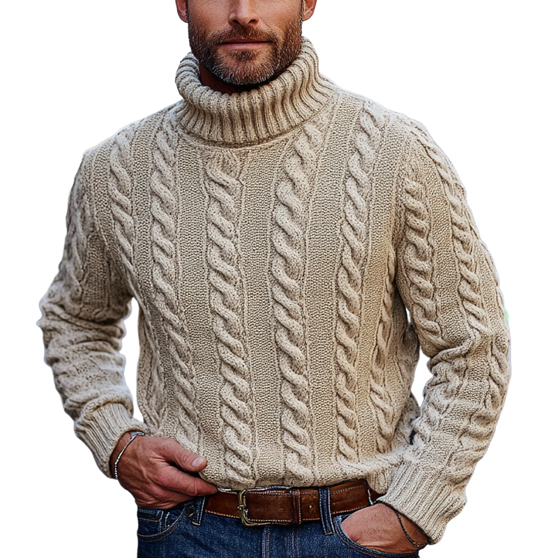 Men's Solid Color Casual Cable-knit Turtleneck Pullover Sweater MTA0437I9X