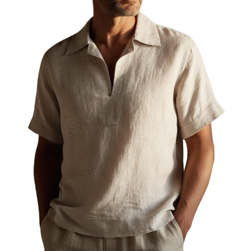 Men's Classic Cotton Linen V-Neck Casual Short-Sleeve T-Shirt MTZ1297B8U