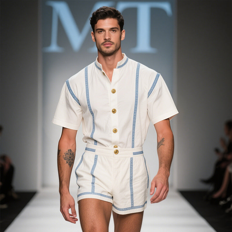 Men's Retro Casual Striped Printed Linen Short Sleeve Shirt Shorts Two-Piece Set MTA2931E2TO