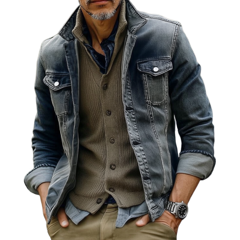 Men's Vintage Faded Blue Lapel Button-Down Denim Jacket MTA3092H1U