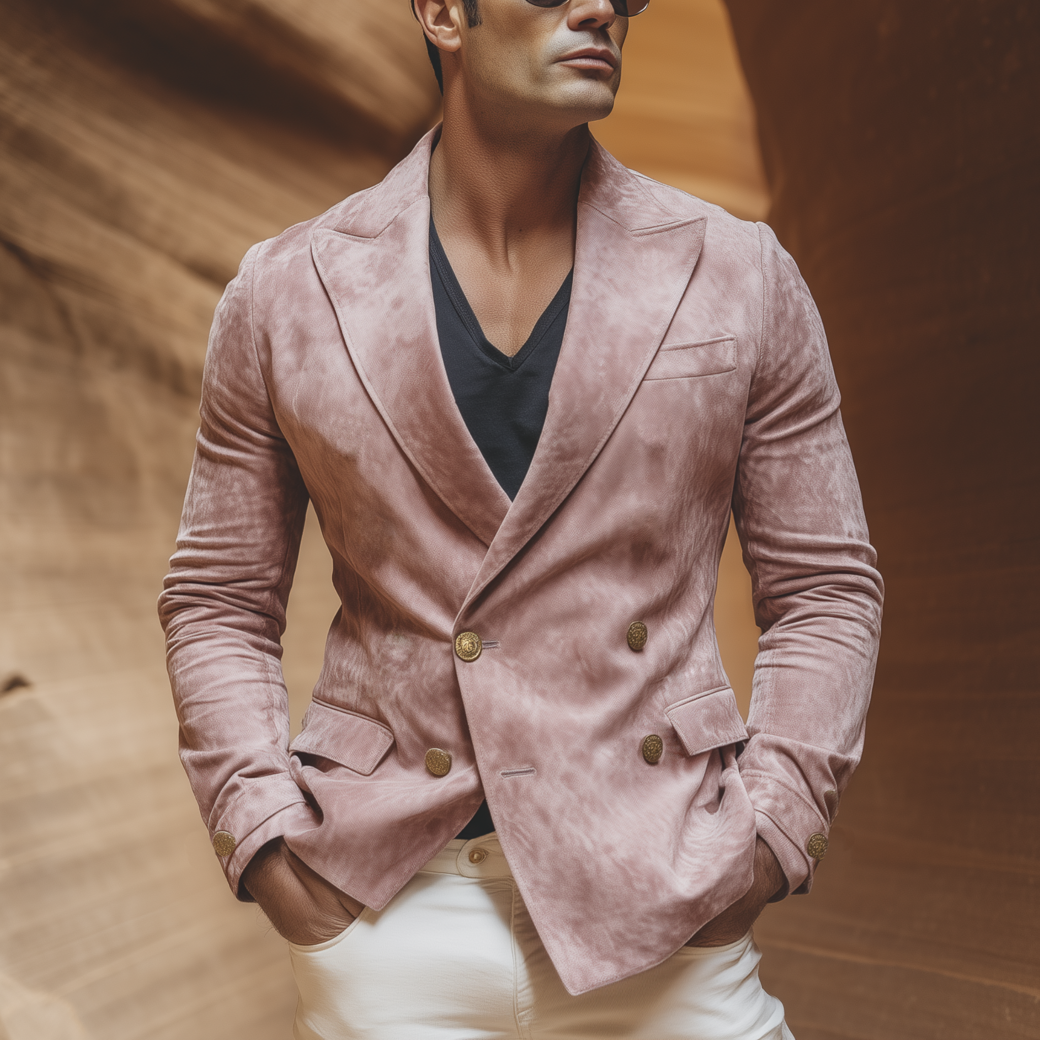Men's Classic Retro Western Style Double-breasted Pink Suede Slim-fit Blazer MTA2135H8K