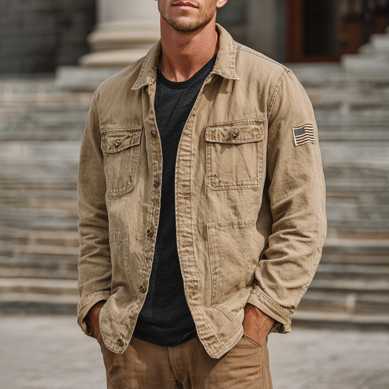 Men's Retro Washed Cotton Lapel Multi-pocket Cargo Jacket MTA1219I6Z