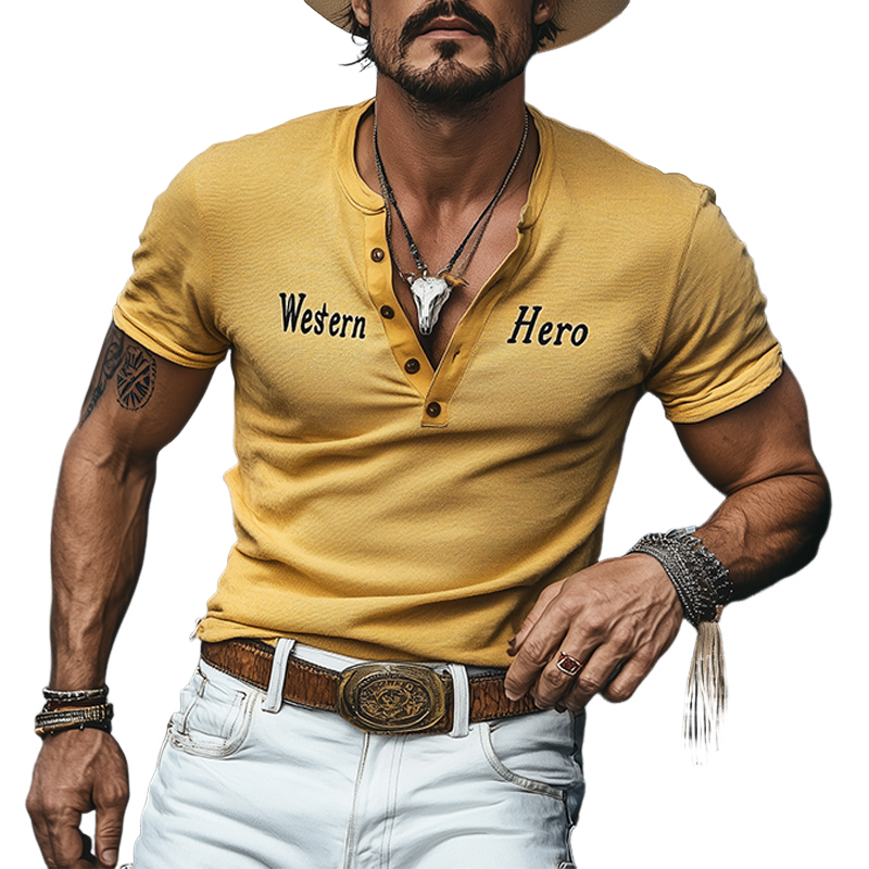 Men's Spring And Summer Fashion Casual Western Cowboy Style Slim Stretch Knitted Henley Collar Flocking Letter Print Short-sleeved T-shirt MTA1920E3K