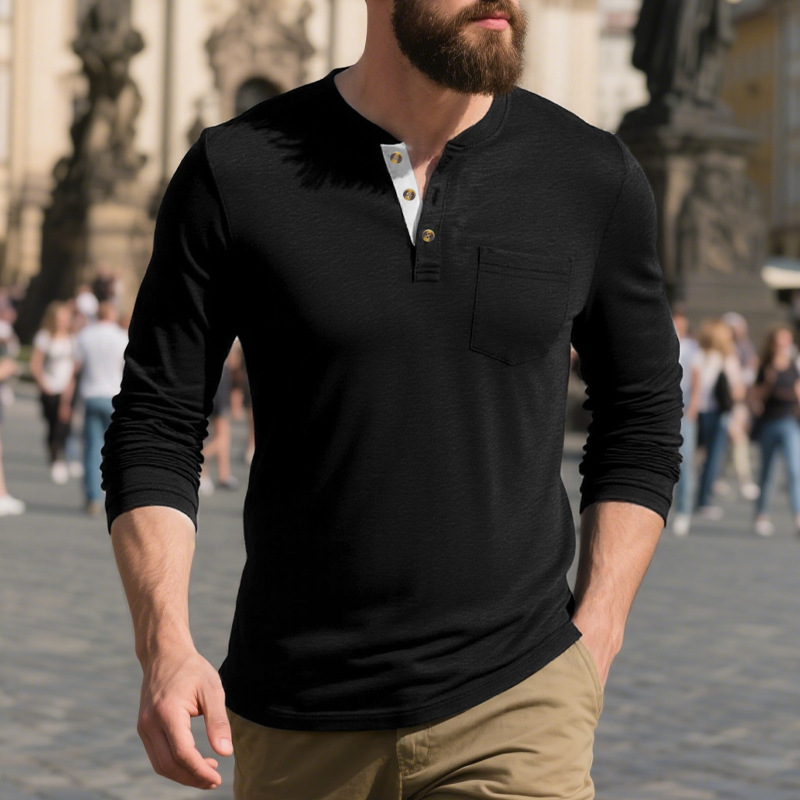 Men's Cotton Blend Colorblock Henley Collar Long Sleeve T-Shirt MTA2837G8X