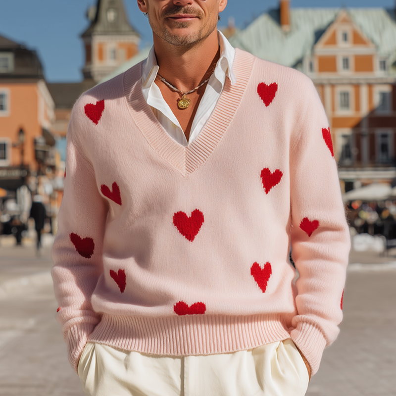 Men's Casual V-Neck Heart Pattern Pink Pullover Sweater MTA1357I5U