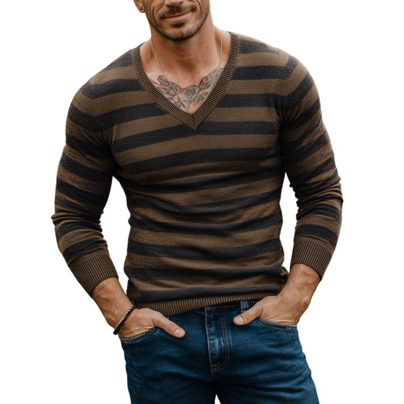 Men's Vintage Contrast Striped V-Neck Slim Fit Knit Pullover Sweater MTA1813H3M