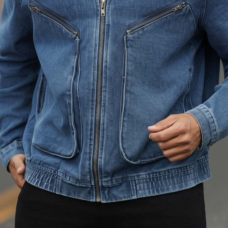 Men's Autumn And Winter Vintage Washed Large Pocket Denim Baseball Jacket MTA2342I1P