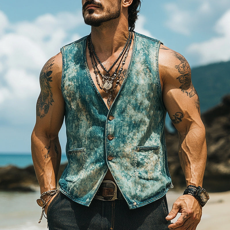 Men's Vintage Distressed Western Style Denim V-Neck Single Breasted Vest MTA2921D7X