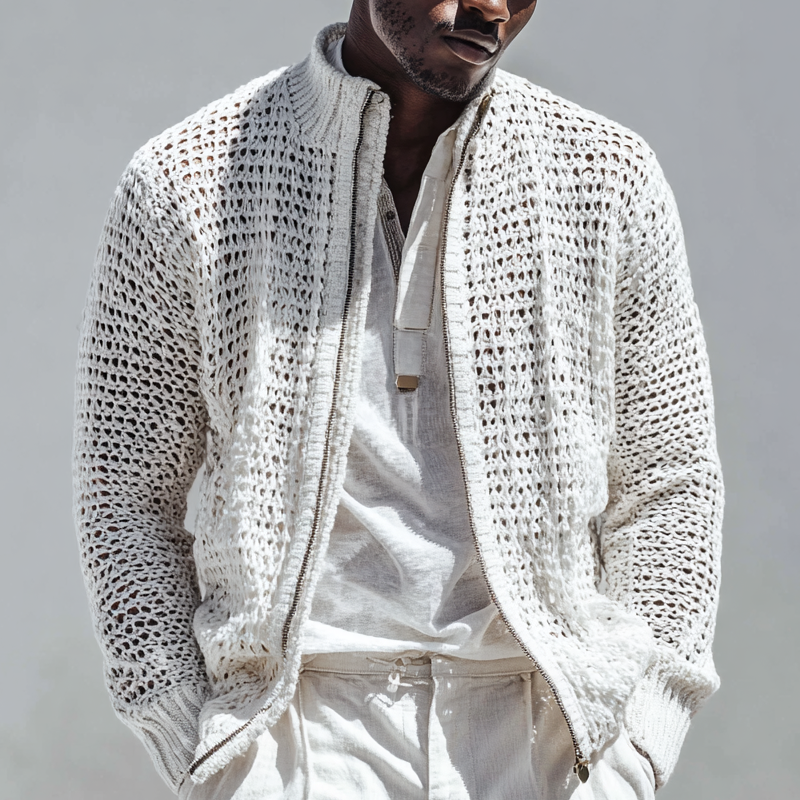 Men's Fashion Openwork Knit Stand Collar Zipper Jacket Cardigan MTA2034H9Z