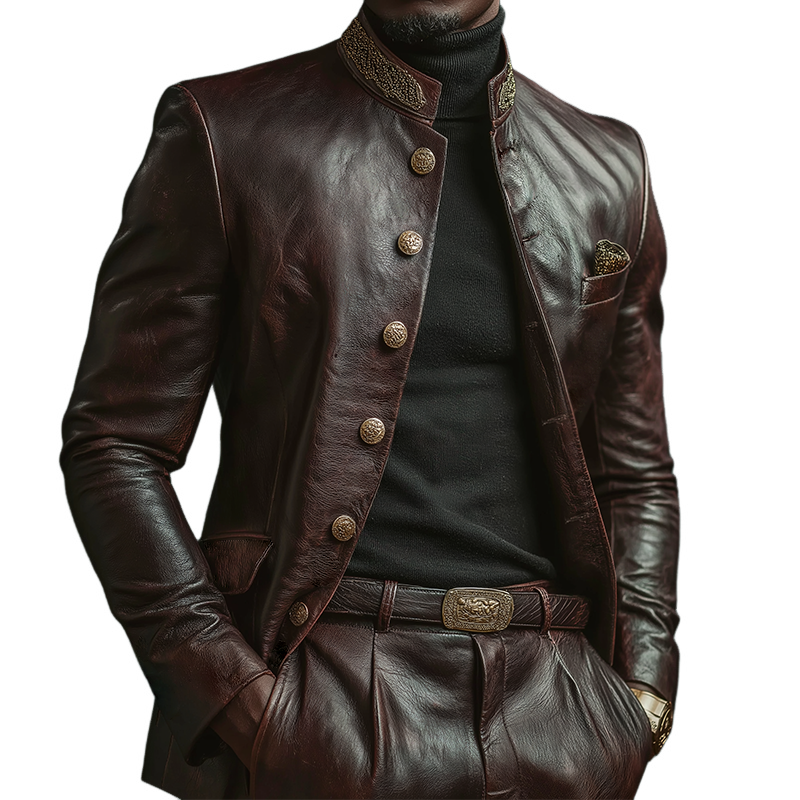Men's Retro Casual PU Embroidered Stand Collar Leather Jacket MTA2763K0TO