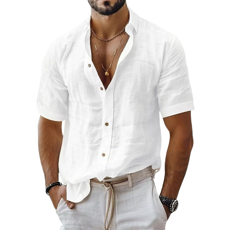 Men's Solid Color Cotton And Linen Short-sleeved Shirt MTA1937G8X