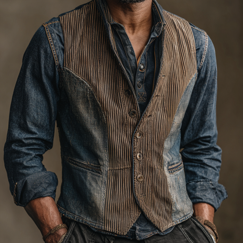 Men's Vintage Striped Splicing Denim V Neck Single Breasted Vest MTA2106H0Z