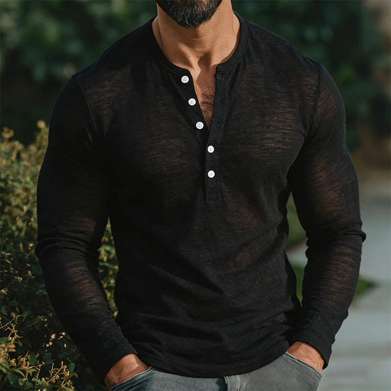 Men's Retro Casual Cotton Henley Collar Long-Sleeve T-Shirt MTA2227L4TO