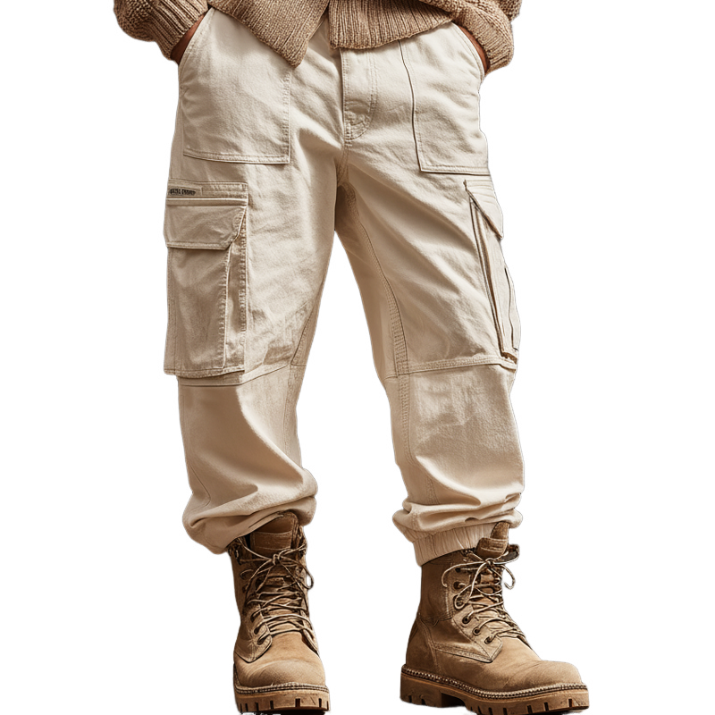 Men's Classic Beige Cotton Blend Elastic Waist Cargo Pants MTA3027J7U