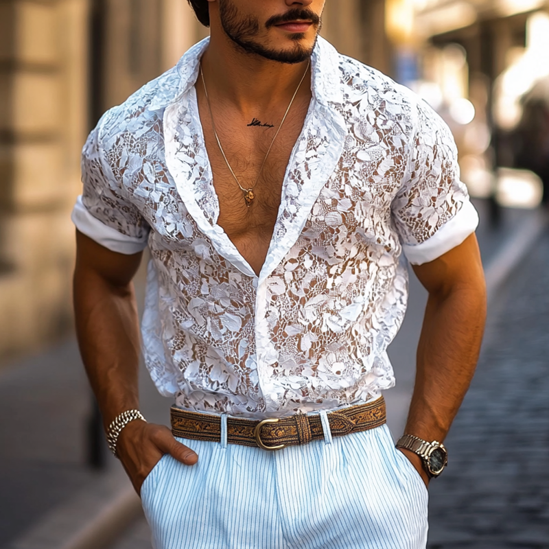 Men's Fashion Lace Lapel Short Sleeve Casual Shirt MTA1285E1Z