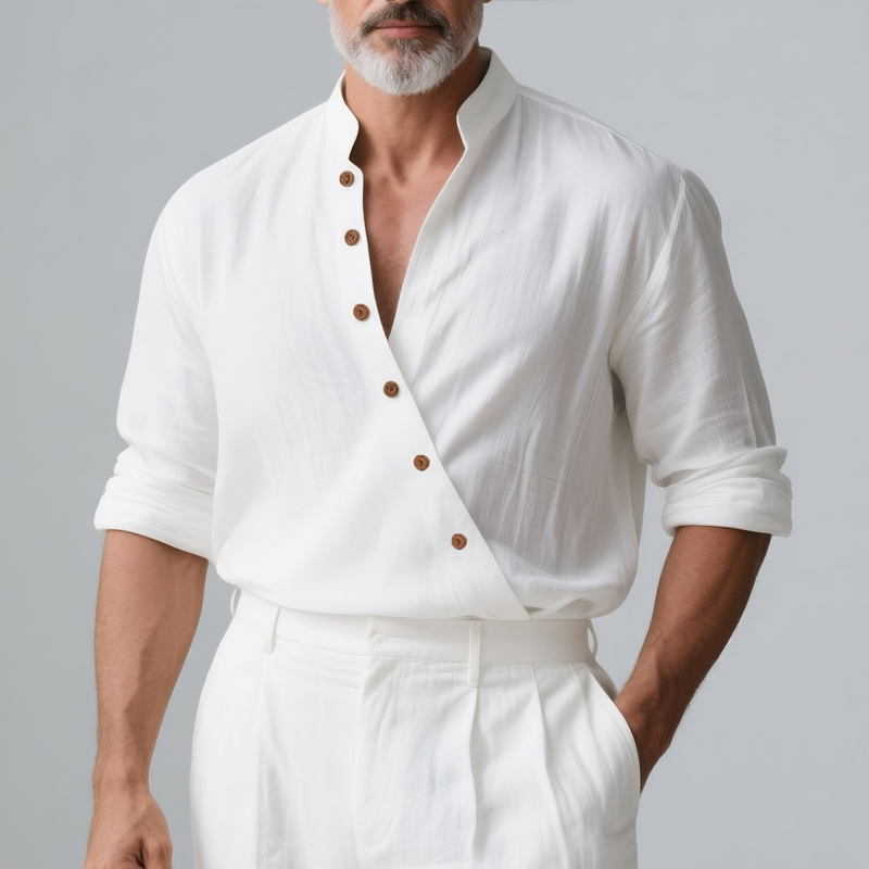 Men's Solid Color Cotton And Linen Slanted Placket Long Sleeve Shirt MTA2824G9Z