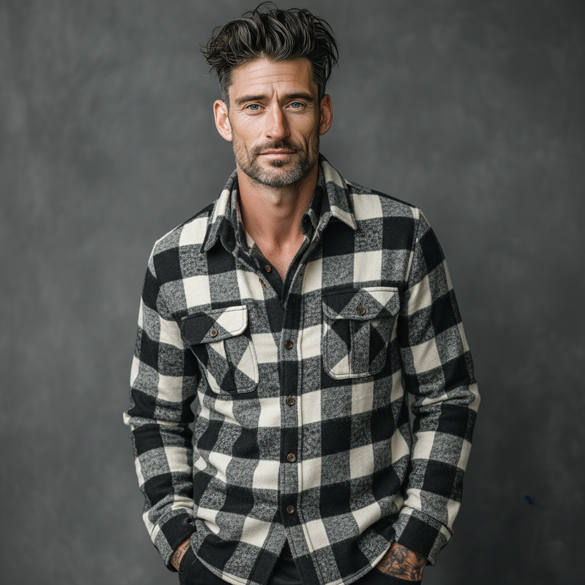 Men's Classic Casual Check Brushed Cotton Blend Pocket Long Sleeve Shirt MTA2195J6K