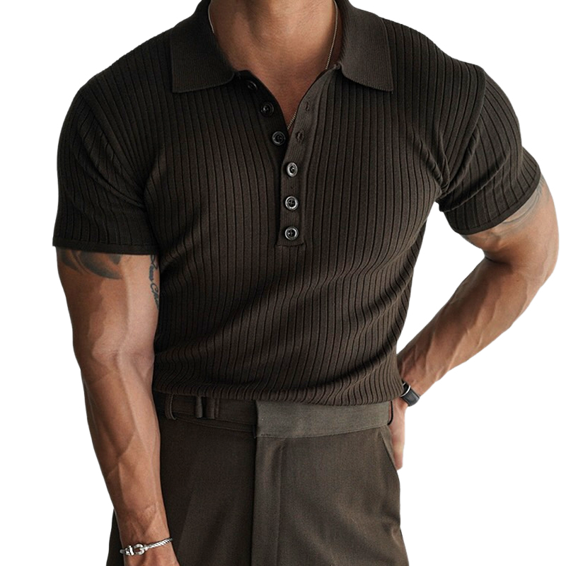 Men's Solid Knit Striped Lapel Short Sleeve Polo Shirt MTA1606E1Z