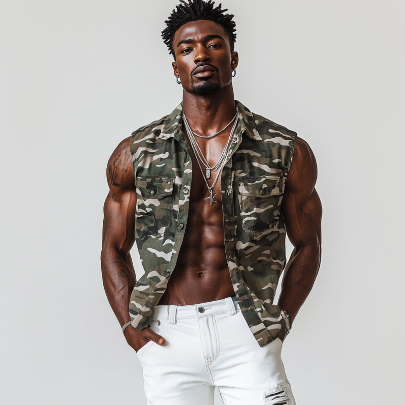 Men's Casual Outdoor Camouflage Cotton Lapel Chest Pocket Slim Fit Sleeveless Shirt MTA2846D5M