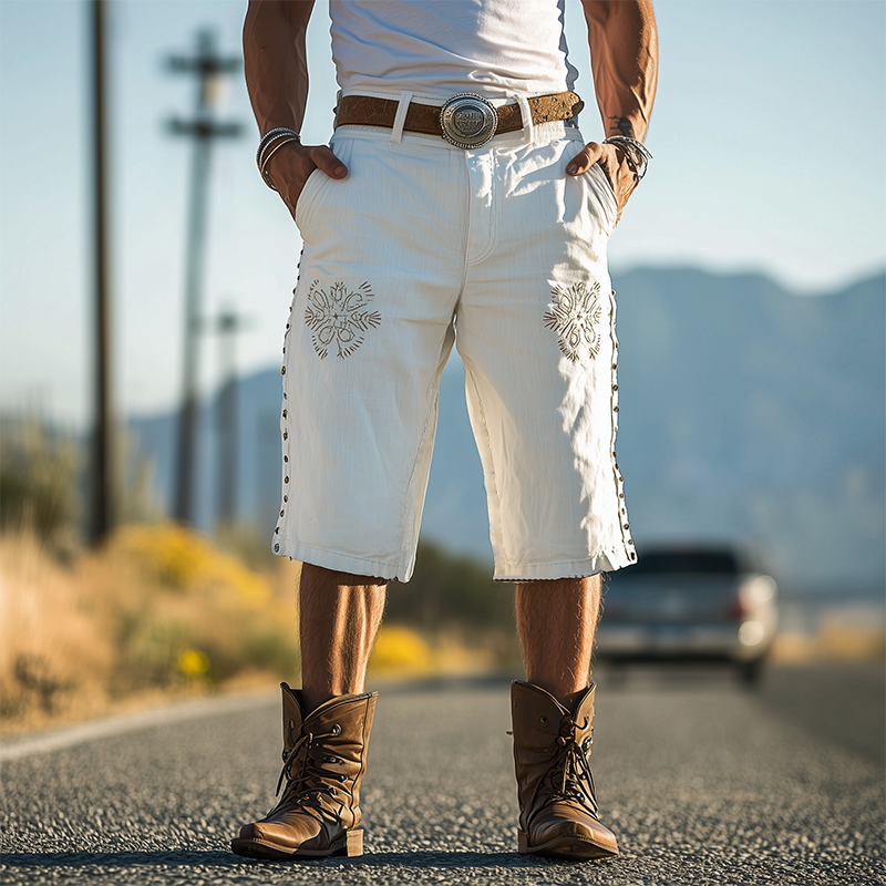 Men's Spring And Summer Casual Western Cowboy Style Cotton And Linen Embroidery Side Decorative Rivets Loose Length To Knee Shorts MTA1620E5K