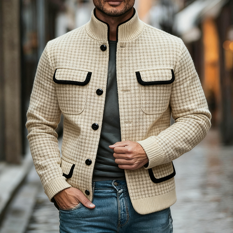 Men's Casual Plaid Blend Stand Collar Contrast Color Jacket MTA2572J9X