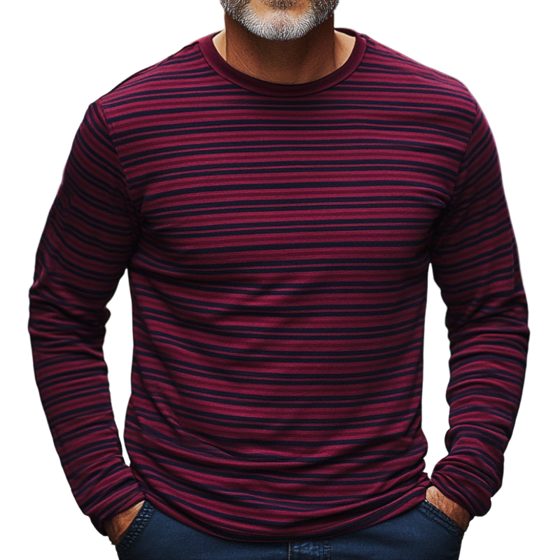 Men's Burgundy Striped Round Neck Long Sleeve T-Shirt 38558142F