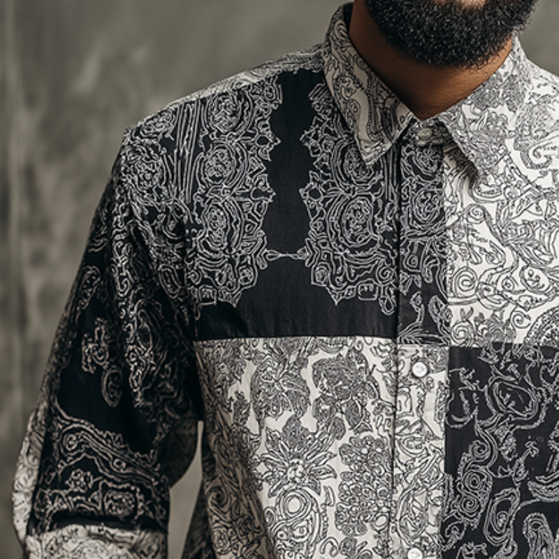 Men's Retro Casual Paisley Colorblock Lapel Long Sleeve Shirt MTA0642H0TO