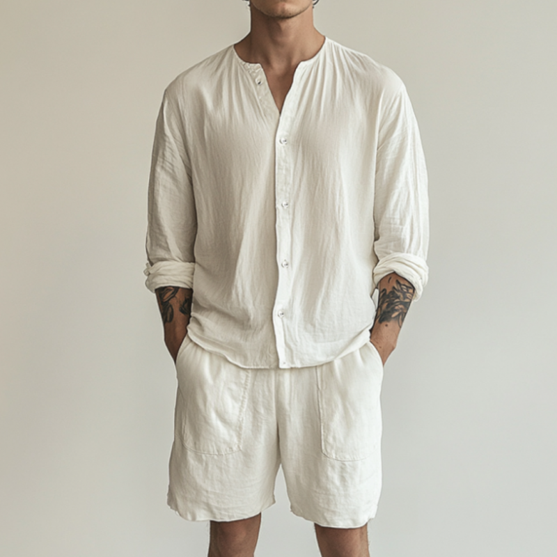Men's Casual Breathable Solid Color Cotton Linen Loose Long Sleeve Shirt Elastic Waist Shorts Set MTA0596F7M
