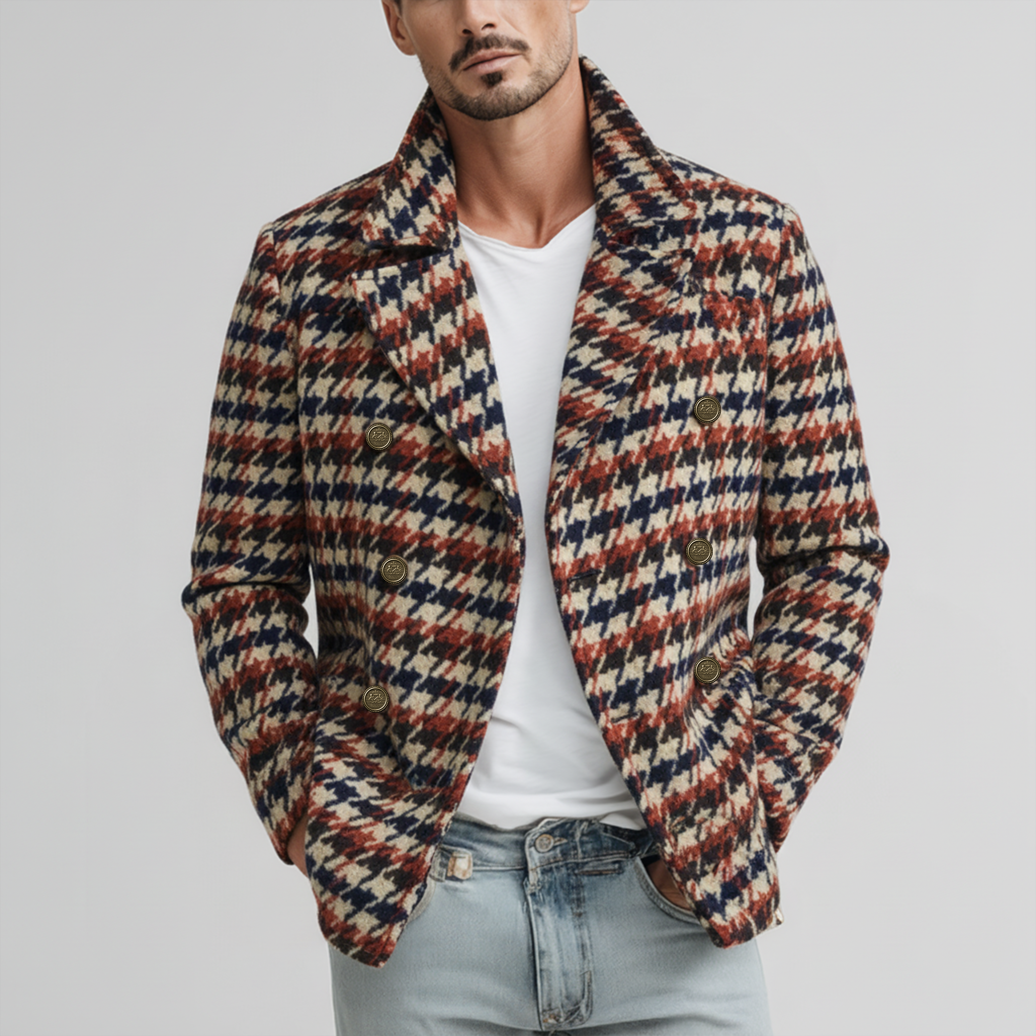 Men's Classic Retro Lapel Houndstooth Faux Wool Double-breasted Jacket MTA1856I5K