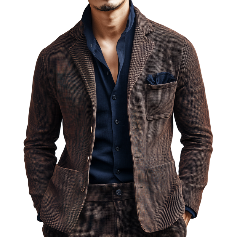 Men's Woven Textured Plaid Notch Lapel Single-Breasted Blazer MTA2880H9Z