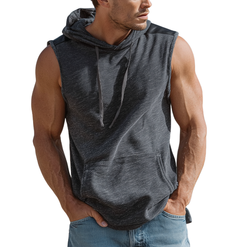 Men's Spring And Summer Fashion Casual Cotton Blend Shoulder Stitching Pu Leather Hooded Tank Top MTA0436G6K