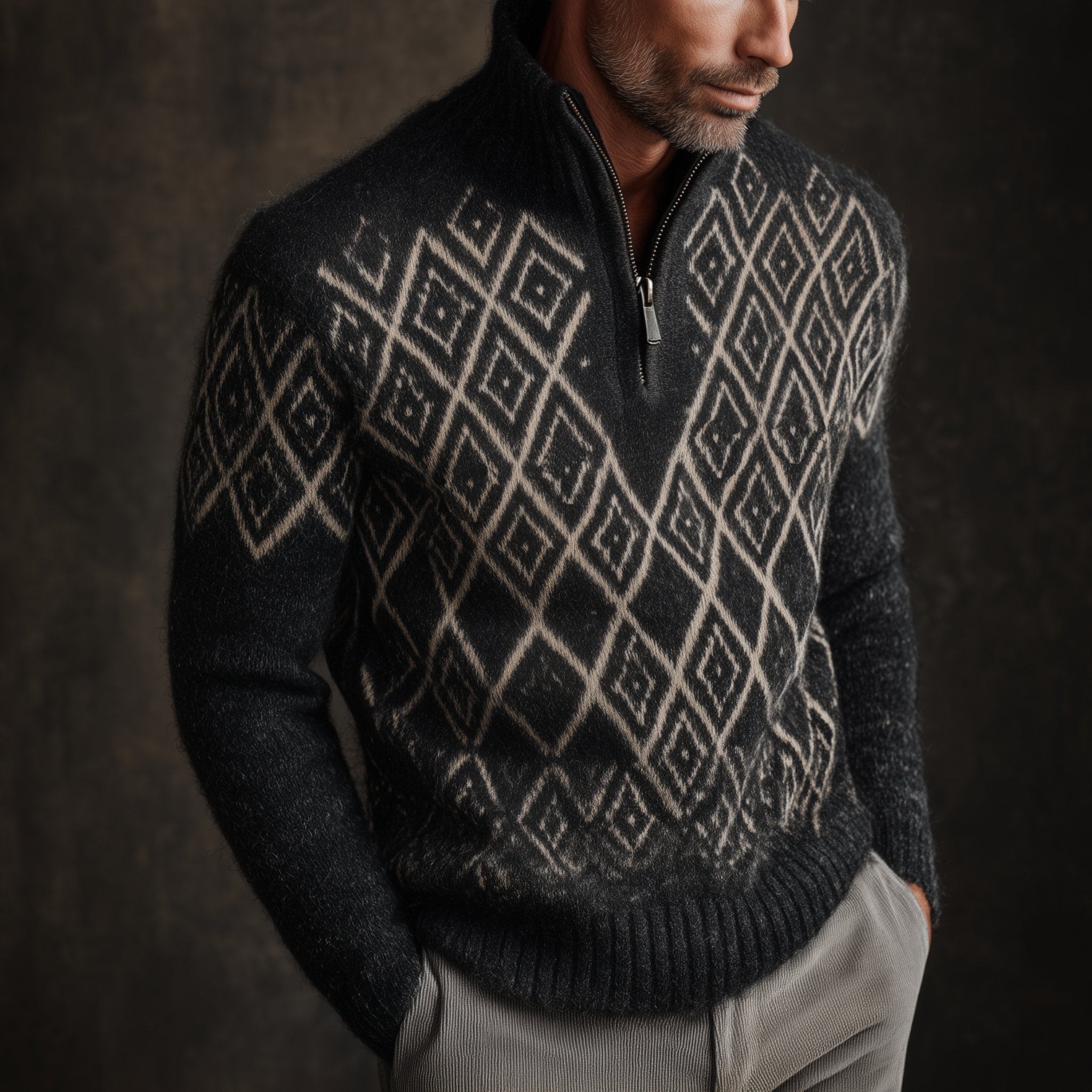Men's Classic American Retro Stand Collar Zipper Jacquard Pattern Sweater MTA0417I8K
