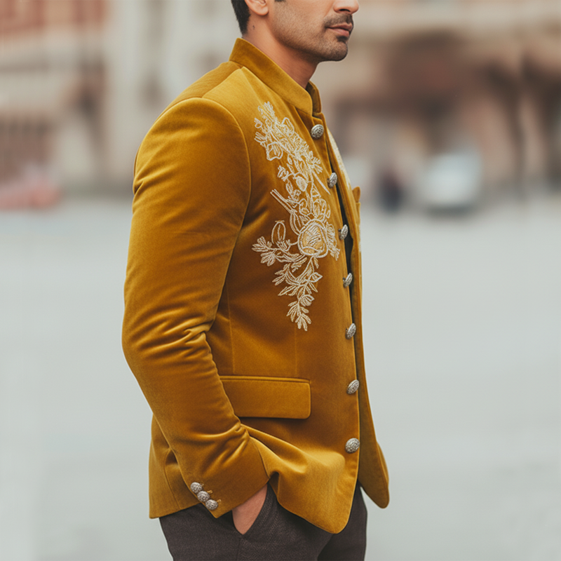 Men's Luxury Gold Yellow Velvet Embroidered Stand-collar Slim-fit Jacket MTA1032L2U