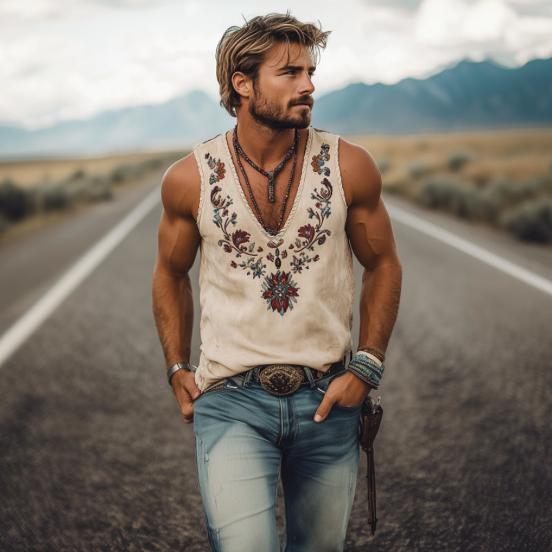 Men's American Western Cowboy Style Suede Embroidered V-Neck Tank Top 72894320K