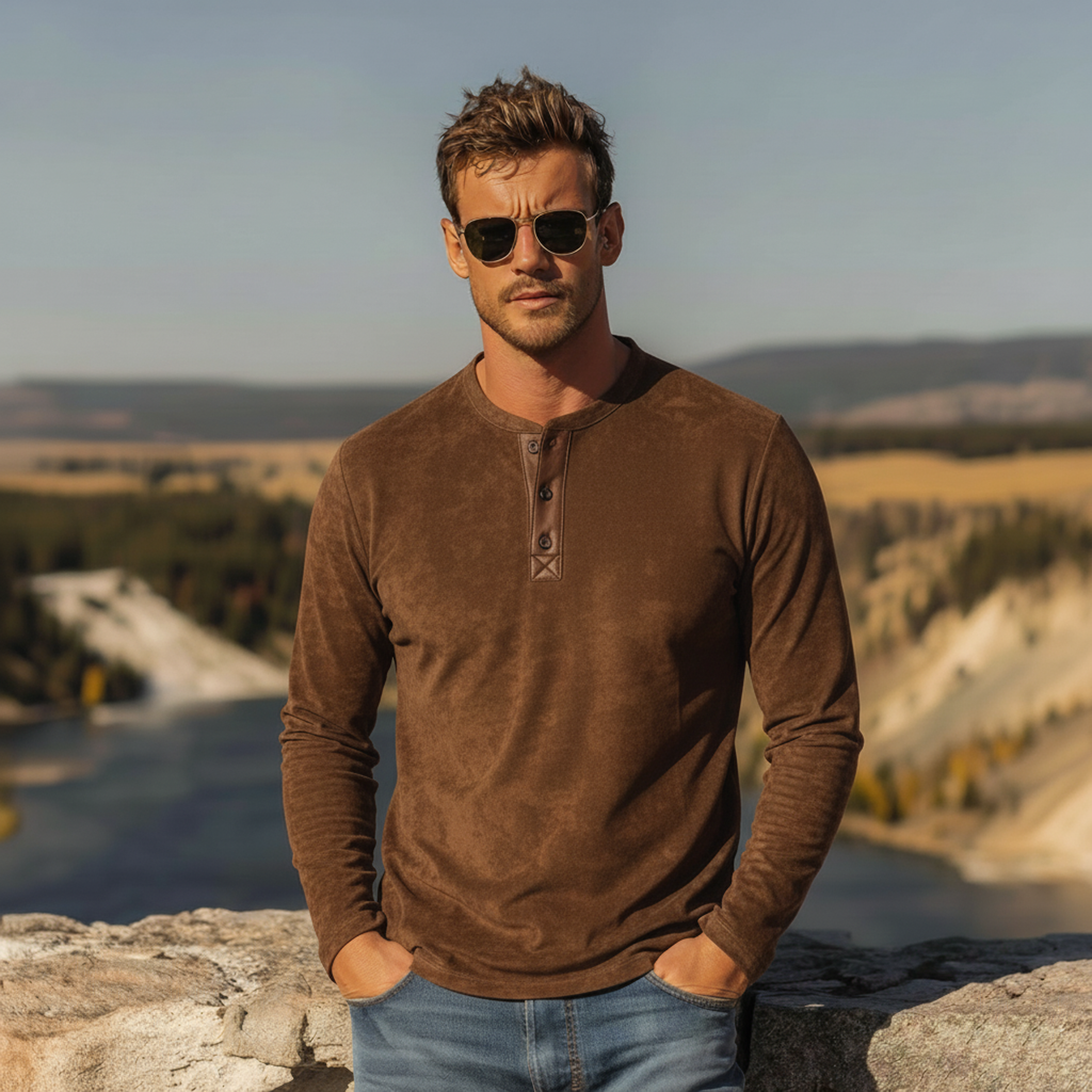 Men's Classic Casual PU Leather Henley Neck Faux Suede Long-Sleeved T-Shirt MTA2996L0K